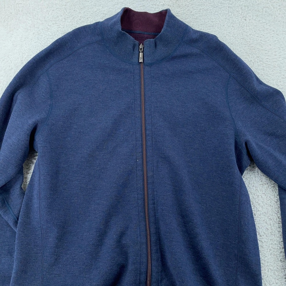 Tommy Bahama Full Zip Sweater Jacket Mens L Blue Burgundy Reversible Mock Neck